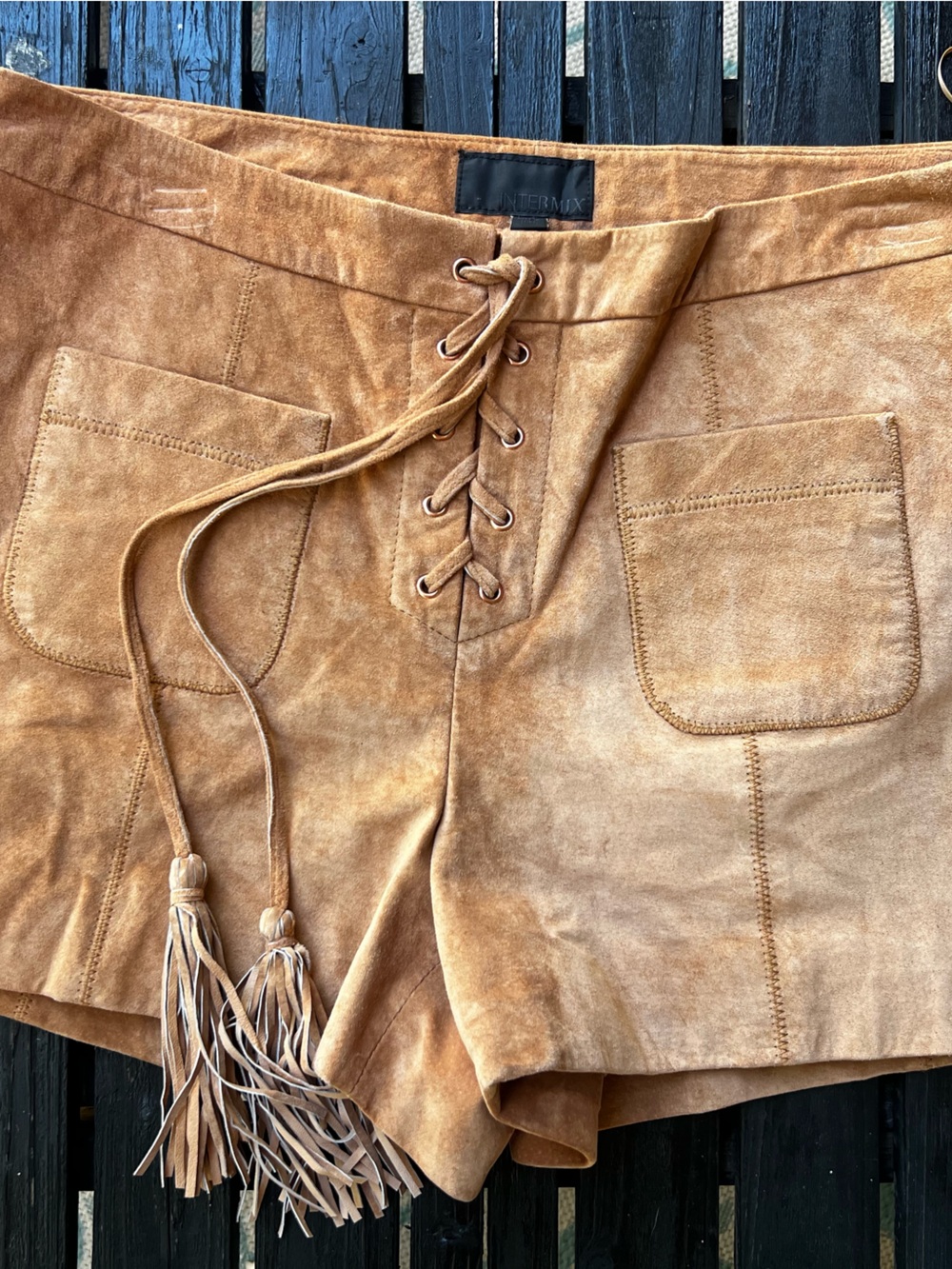 Intermix Suede Lace-Up Shorts Camel - Picture 7 of 8